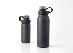 Vacuum-insulated stainless steel bottle for carbonated water.