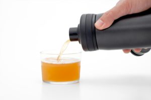 Vacuum-insulated stainless steel bottle for carbonated water.